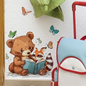 Cartoon bear and squirrel reading book wall decals for kids bedroom decor on white wall