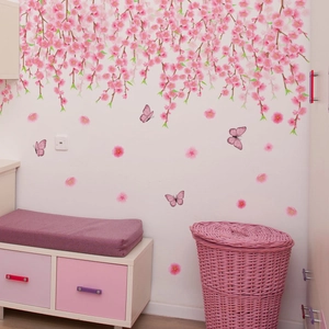 Stickers muraux fleurs de cerisier roses et papillons violets pour décoration maison