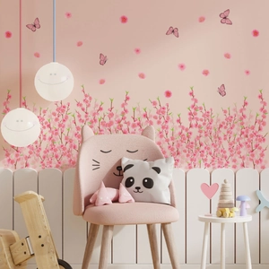 Stickers muraux fleurs de cerisier roses et papillons pour chambre d'enfant