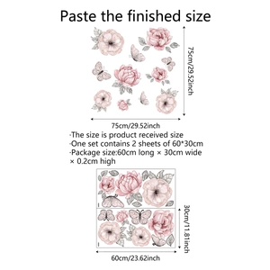 Stickers muraux pivoines roses et papillons, dimensions de l'ensemble 75x75cm