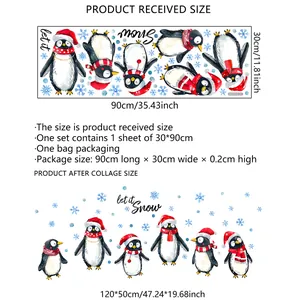 Detailed size guide for Penguin and Snowflake wall stickers with layout and packaging dimensions