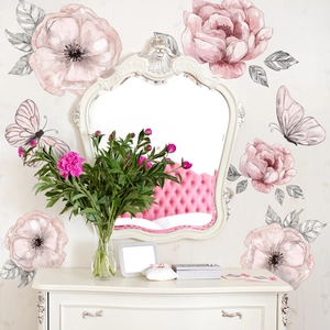 Stickers muraux rétro français fleurs roses et papillons pour décoration de chambre