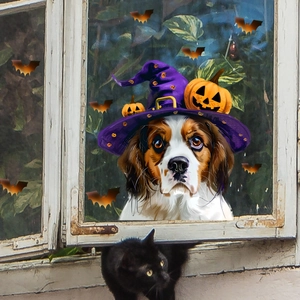 Halloween window cling featuring a dog in wizard hat with pumpkin and bat decorations