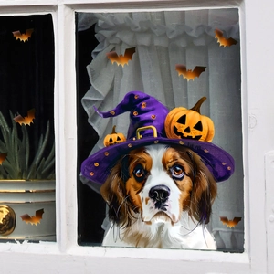 Halloween static window cling featuring a dog in a wizard hat with pumpkin and bats