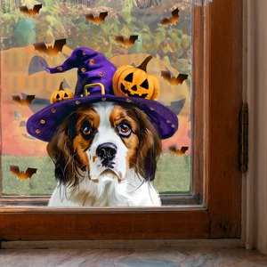 Halloween window static sticker featuring a Saint Bernard dog in witch hat and black bats
