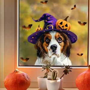Halloween dog wall sticker with purple witch hat and bats for glass window decor