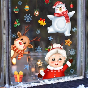 Christmas window stickers set with cartoon reindeer, polar bear, and festive decorations