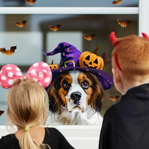 Halloween Wall Sticker Cartoon Dog With Purple Wizard Hat Pumpkin Bats Decor PVC Window Cling For Living Room Party Home Decoration