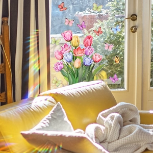Regenboog tulpen en vlinders statische raamstickers voor zonnige huisdecoratie
