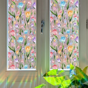 Rainbow tulip window privacy film with colorful floral pattern and sun refraction effect