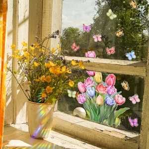 Kleurrijke tulp en vlinder statische raamstickers voor glazen huisdecoratie