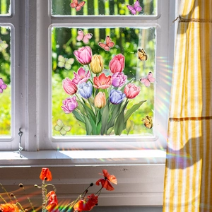 Regenboog tulp raamstickers met kleurrijke vlinders voor glasdecoratie in de zon