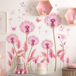 Pegatinas de Pared de Diente de León y Mariposas Rosa Removibles PVC Calcomanías Florales para Sala de Estar Dormitorio Hogar