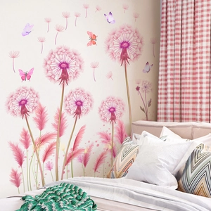 Vinilos decorativos de diente de león rosa y mariposas para pared de dormitorio romántico