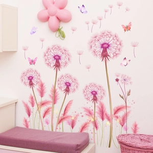 Vinilos decorativos de dientes de león rosa con mariposas para pared de salón y dormitorio
