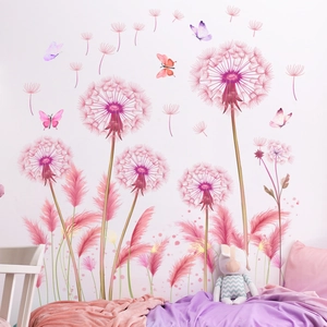 Vinilos decorativos de diente de león rosa y mariposas para pared de dormitorio romántico