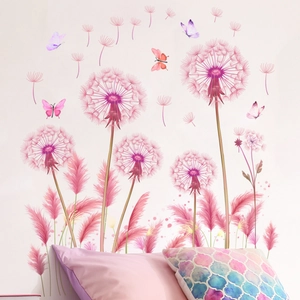 Vinilos decorativos de diente de león rosa con semillas y mariposas de colores