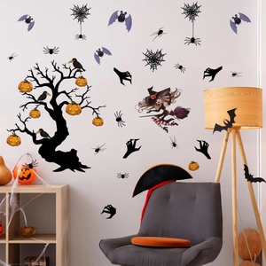 Halloween wall stickers featuring witch on broomstick, pumpkin tree, and black bats decor