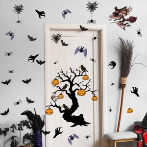 Halloween wall sticker set featuring black dead tree, pumpkin lanterns and flying witch