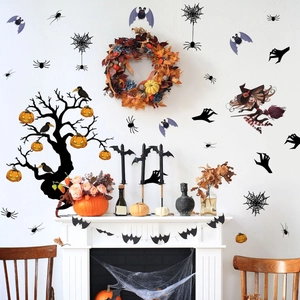 Halloween Wall Stickers PVC Waterproof Dead Tree Pumpkin Witch Bat Decals For Party Home Decor Removable Self-Adhesive