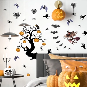 Halloween wall sticker set featuring witch, pumpkins and bats for festive room decoration