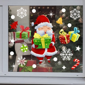 Cartoon Santa Claus and snowman static window decals with snowflakes for Christmas decor