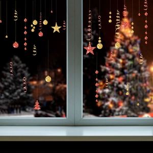 Détails d'autocollants de Noël rouges et dorés avec étoiles et rubans scintillants
