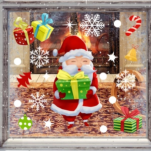 Detailed Christmas static stickers on window glass featuring Santa and snowflakes