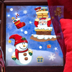 Detailed scene of Santa and snowman static window stickers with snow and gift elements