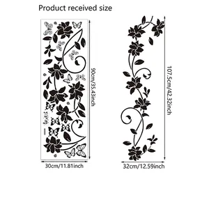 Minimalist black floral vine wall sticker with butterfly design and size specifications