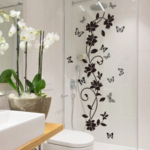 Modern black floral orchid vines and butterfly waterproof wall decals for bathroom decor