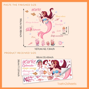 Detailed size chart showing 30x90cm sheets and 99x107cm mermaid wall decal layout