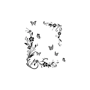 Detail of black floral vine wall stickers with butterflies on a clean white background