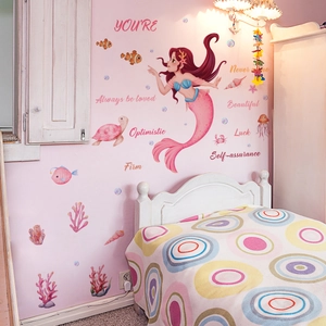 Mermaid and sea life wall stickers with inspirational quotes for kids bedroom decor