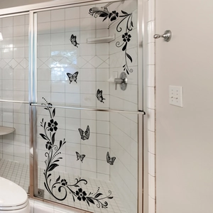 Floral vine and black butterfly wall stickers for bathroom shower glass door decor