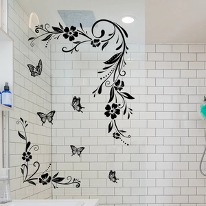 Black floral vine and butterfly wall stickers for bathroom tiles and glass decoration