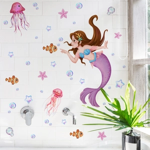 Cartoon Mermaid Undersea Creature Bubble Wall Sticker Waterproof PVC Sea Animals Decal For Kids Room Bathroom Decoration