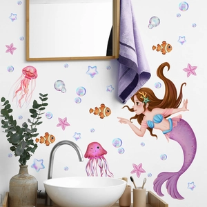 Cartoon mermaid and sea creatures wall decals for kids' bathroom or bedroom decor
