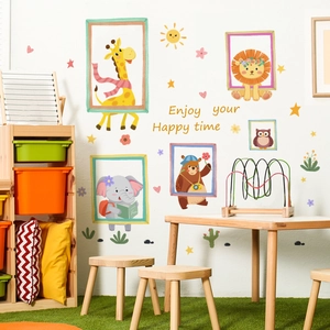 Cartoon animal wall stickers with giraffe, lion, and elephant for nursery wall decor