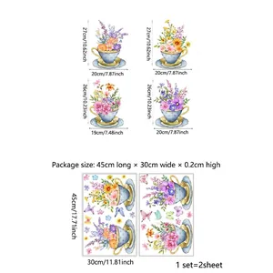 Detailed size chart for butterfly and flower teacup wall stickers with dimensions