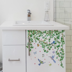 Birds Flowers Green Leaves Bathroom Wall Stickers Waterproof PVC Self Adhesive Toilet Decals For Refrigerator Home Decor