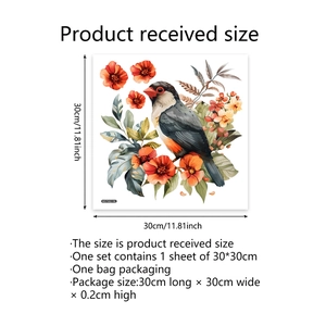 Detailed 30x30cm wall sticker dimensions featuring bird and floral branch design