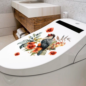 Detail of adhesive toilet lid sticker with watercolor bird and floral leaf pattern
