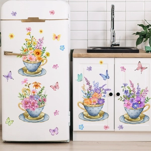 Watercolor floral tea cup and butterfly wall stickers for home living room decor