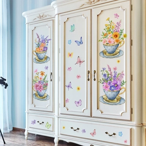 Self-adhesive PVC wall stickers with floral teacups and butterflies for home decor