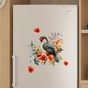 Detail of self-adhesive wall sticker featuring watercolor birds and orange flowers