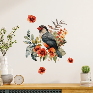 Creative bird and floral wall sticker with green leaves for home wall decoration