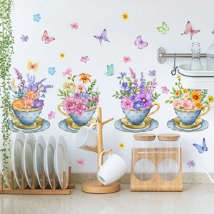 Colorful butterfly and floral tea cup wall stickers for living room and bedroom home decor