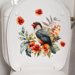 Floral bird wall sticker detail on a white toilet lid featuring colorful garden plants