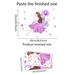 Detailed size chart showing 93x72cm dimensions for purple floral girl wall stickers